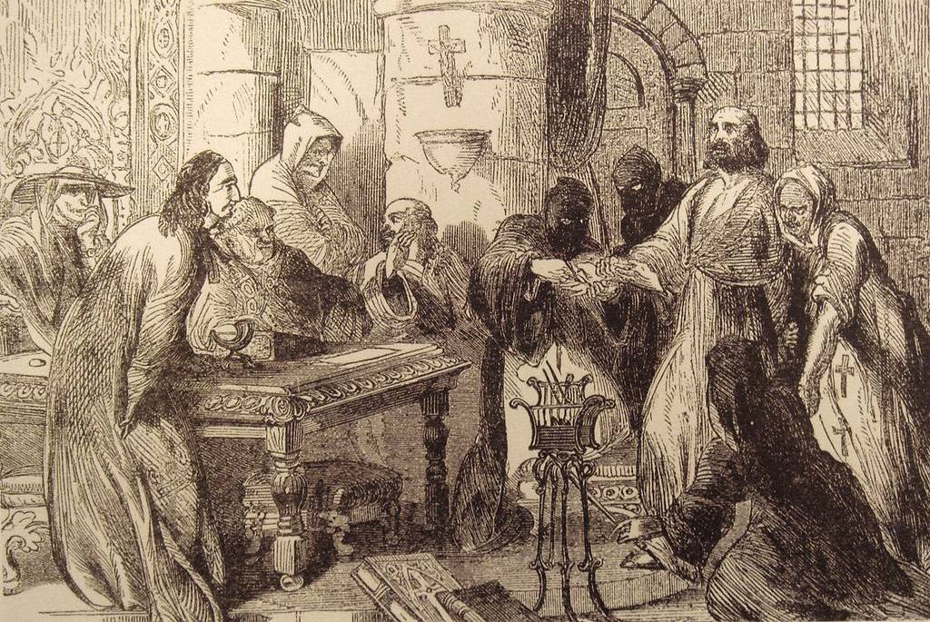 Interrogation de Jacques de Molay, gravure, circa XIXe siècle - source : WIkiCommons