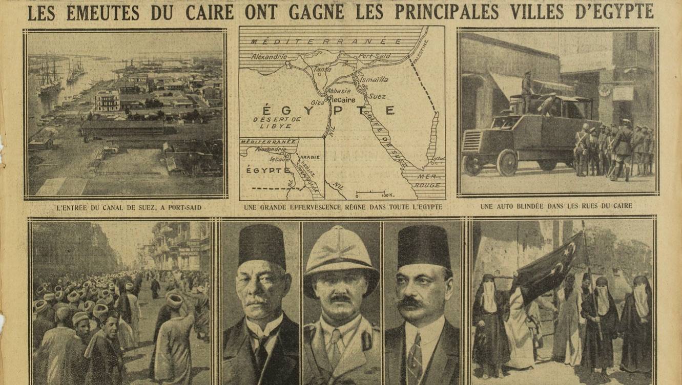 Extrait de Une de L'Excelsior consacrée aux « troubles en Égypte », Saad Pacha Zaghloul figure en bas, deuxième photo en partant de la gauche, 1921 - source : RetroNews-BnF