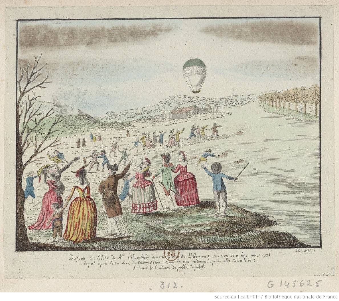 « Desante du Globe de Mr Blanchard dans la plaine de Billancourt le 2 mars 1784 lequel après s'estre elevé du Champ de mars a une hauteur prodigieuse, a paru aller contre le vent », estampe, 1785 - source : Gallica-BnF