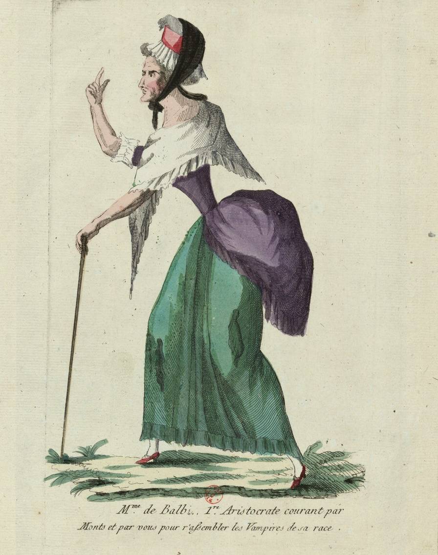 « Mme de Balbi, 1ère Aristocrate courant par Monts et par vous pour rassembler les Vampires de sa race 1791 », estampe - source : Gallica-BnF 