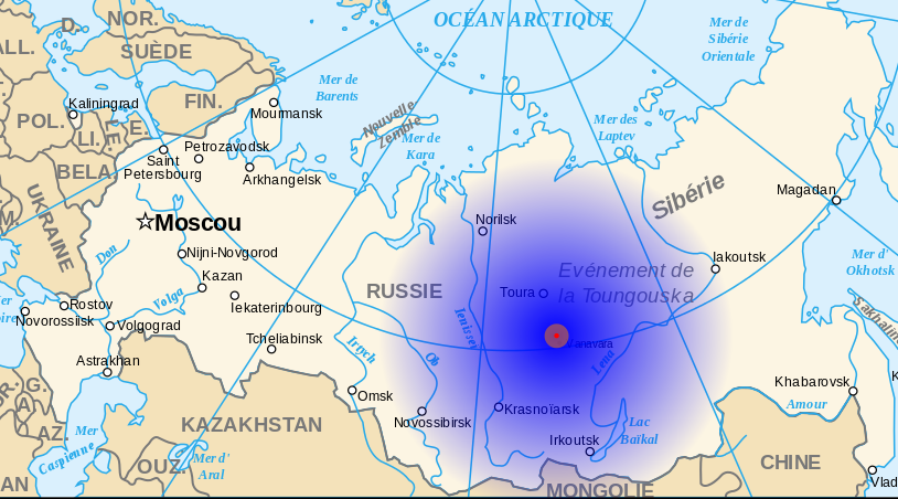  Situation et hypocentre de l'événement de la Toungouska - source : WikiCommons