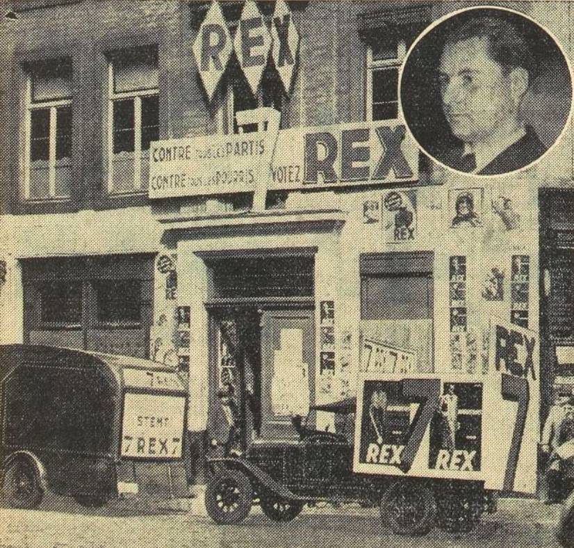 Une permanence du mouvement Rex recouverte d’affiches du parti à la veille des élections belges, mai 1936 - source : RetroNews-BnF