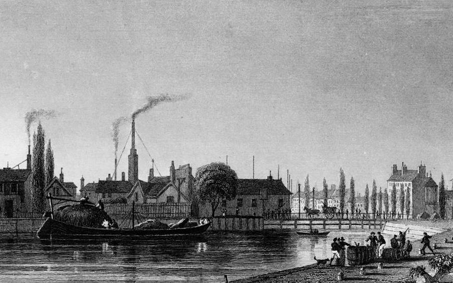 Gravure du canal de l'Ourcq, largement pollué, en 1831 - source : Brown University-WikiCommons
