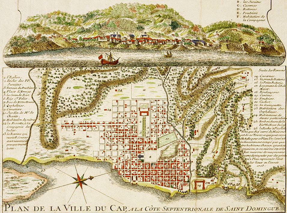 Gravure ancienne représentant le Cap Français à Saint-Domingue en 1728 - source : WikiCommons
