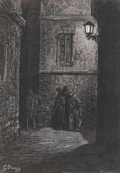 Whitechapel : deux vagabonds de nuit, estampe de Gustave Doré, 1872 - source : Gallica-BnF