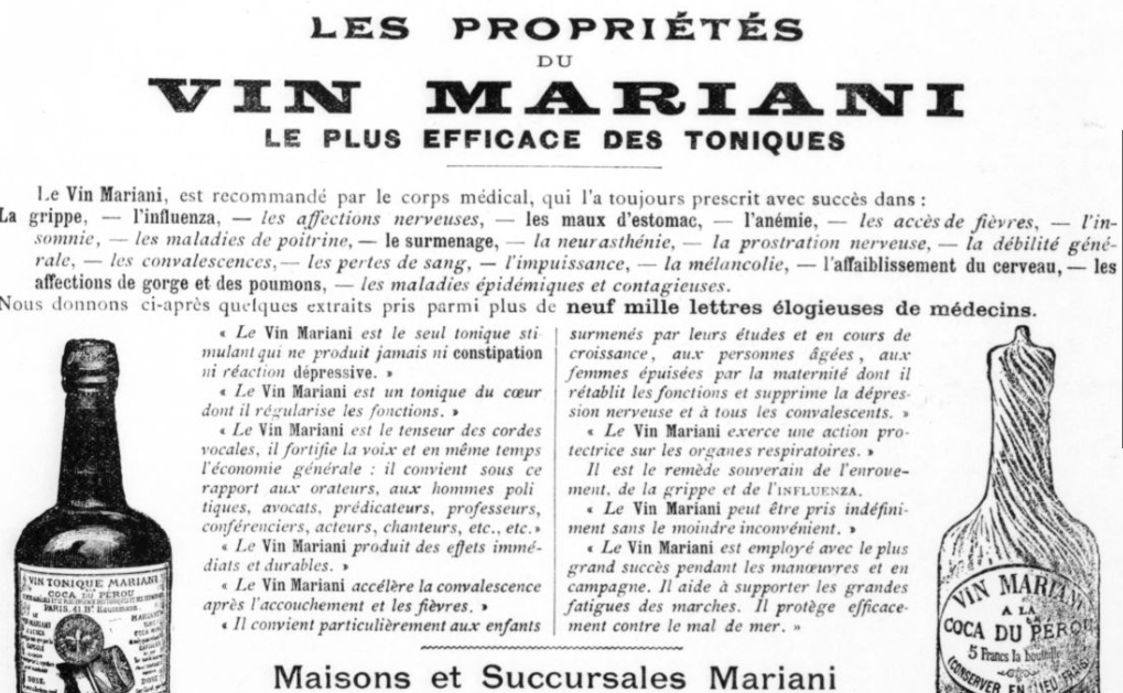Publicité en faveur du vin Mariani, boisson composée notamment de cocaïne, Le Soleil, 1908 - source : RetroNews-BnF