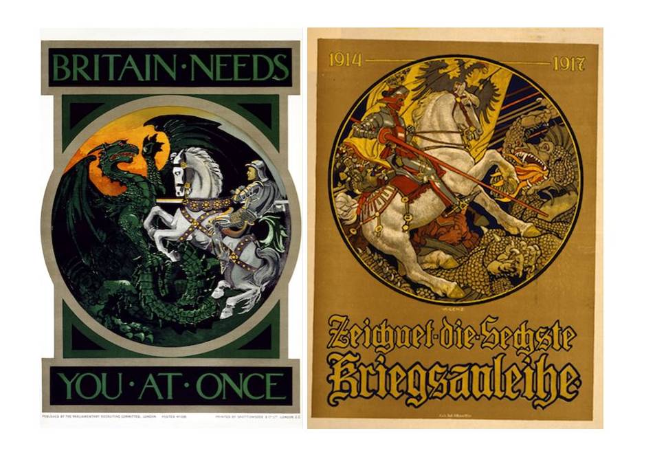 Affiches de propagande de guerre britannique et austro-hongroise s’inspirant du mythe de Saint Georges, 1915 et 1917 – source : WIkiCommons