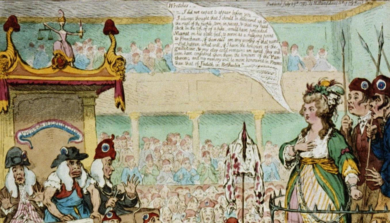 « L'héroïque Charlotte la Cordé [sic], lors de son procès », caricature anglaise de James Gillray, 1793 - source : WikiCommons