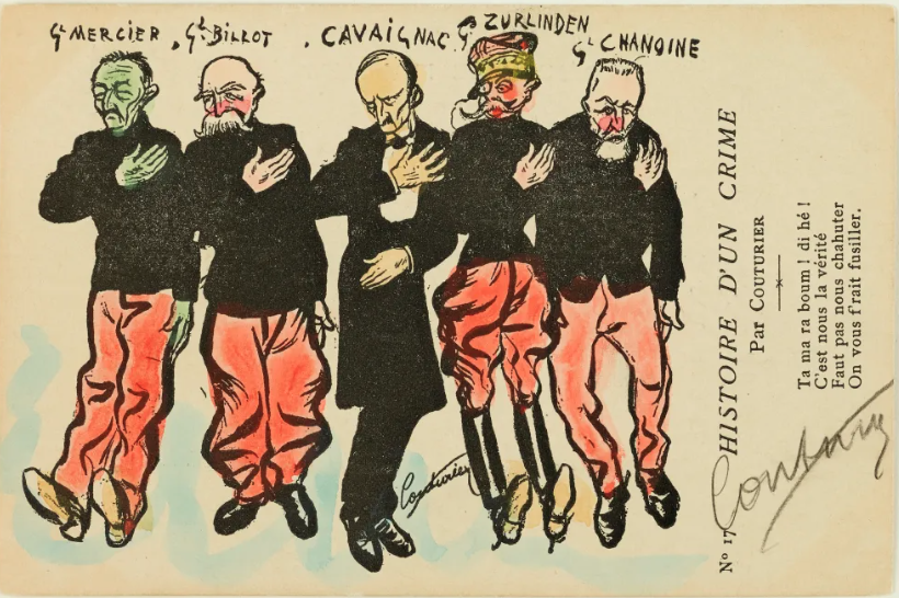Une carte postale dreyfusarde mettant en scène les officiers coupables de la persécution de Dreyfus, signée Couturier, circa 1898