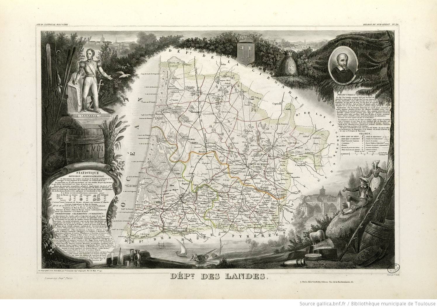 Carte des Landes par Lemercier et Levasseur, 1854 - source : Gallica-BnF