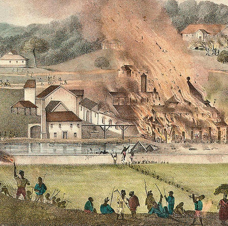 Incendie du Roehampton Estate durant l'insurrection jamaïcaine du Noël 1831, Adolphe Duperly - source : WikiCommons 