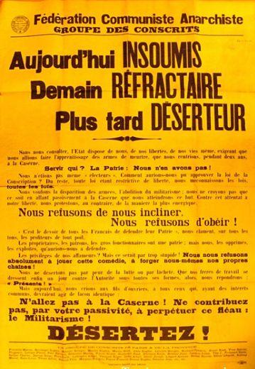 Affiche de la Fédération communiste anarchiste en faveur de la désertion, octobre 1912 - Domaine public