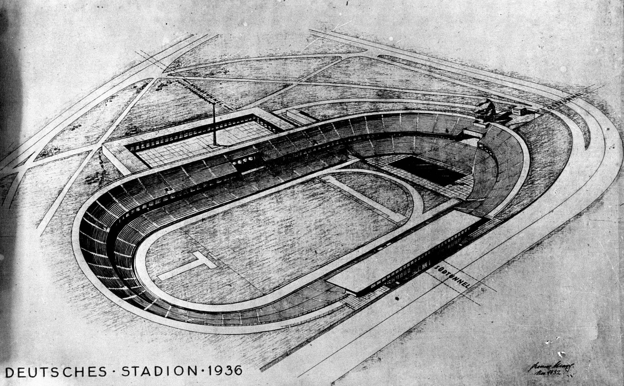 Vue en plan du nouveau stade de Berlin pour les Jeux olympiques, 1932 - source Gallica-BnF