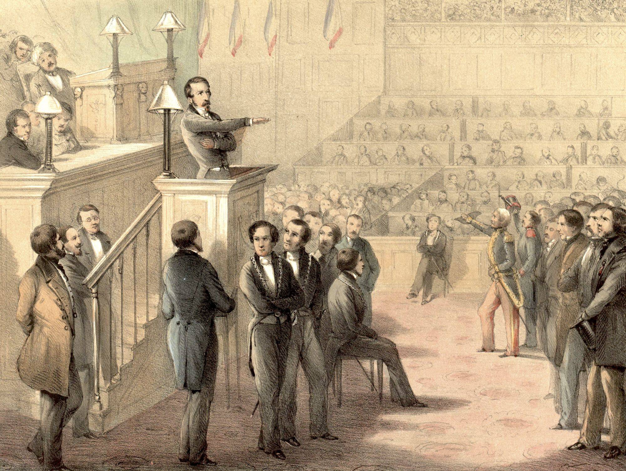 Louis Napoléon Bonaparte élu président de la République française, prêtant serment à la Constitution (séance de l'Assemblée nationale du 20 Décembre), 1848 - source : Gallica-BnF.