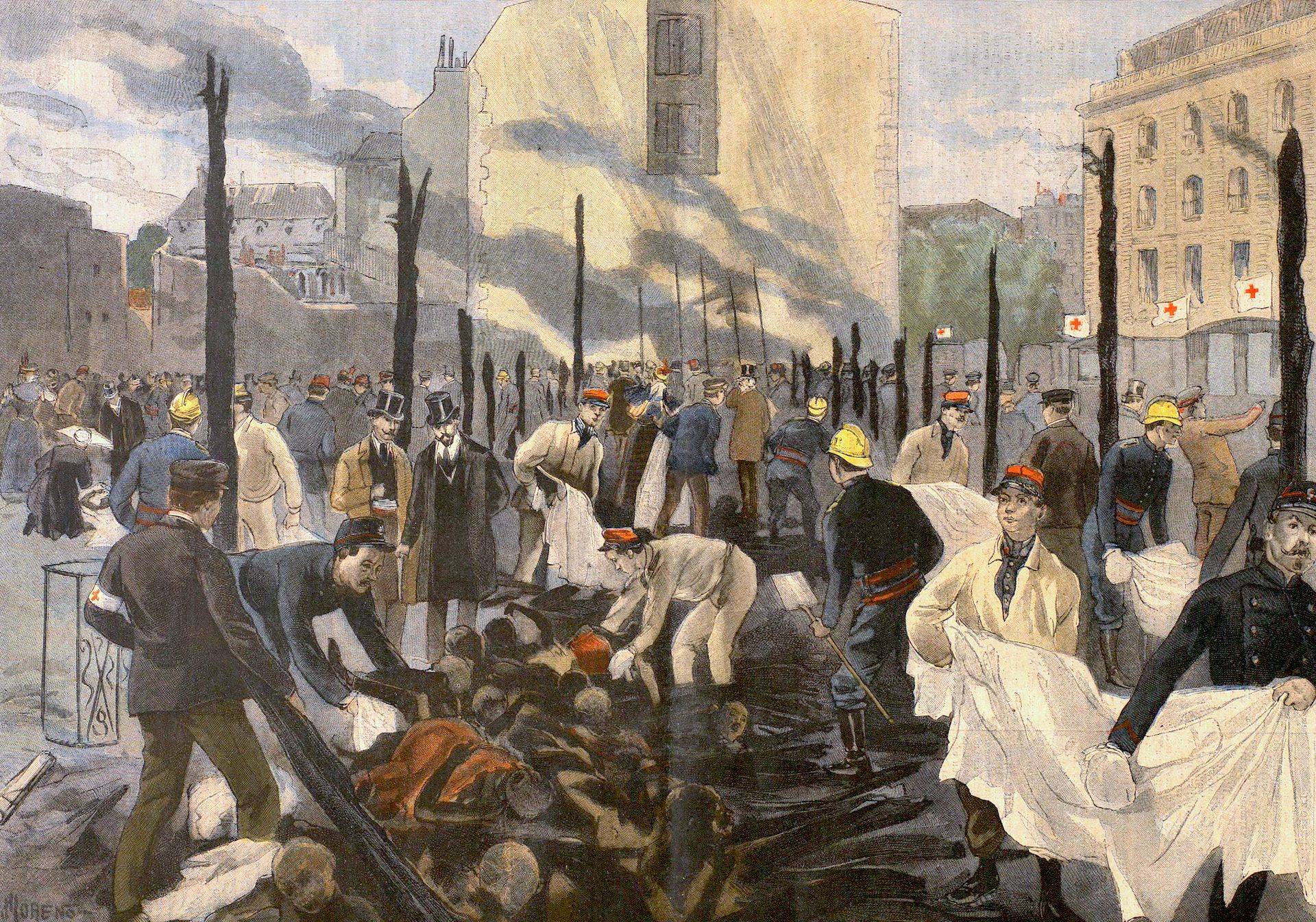 Les cadavres retirés des décombres, Le Petit Journal. Supplément du dimanche, 16 mai 1897 - source Gallica-BnF