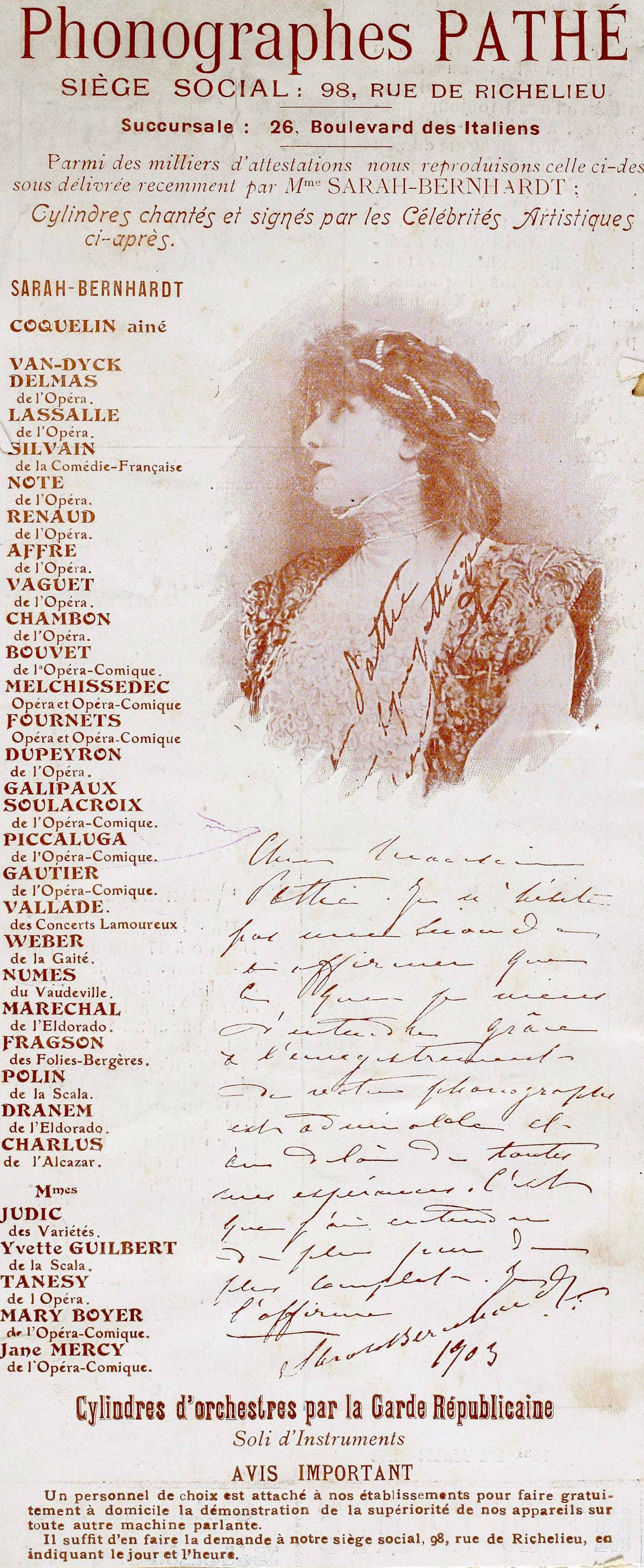 Publicité Phonographes Pathé Sarah Bernhardt - source : Gallica-BnF