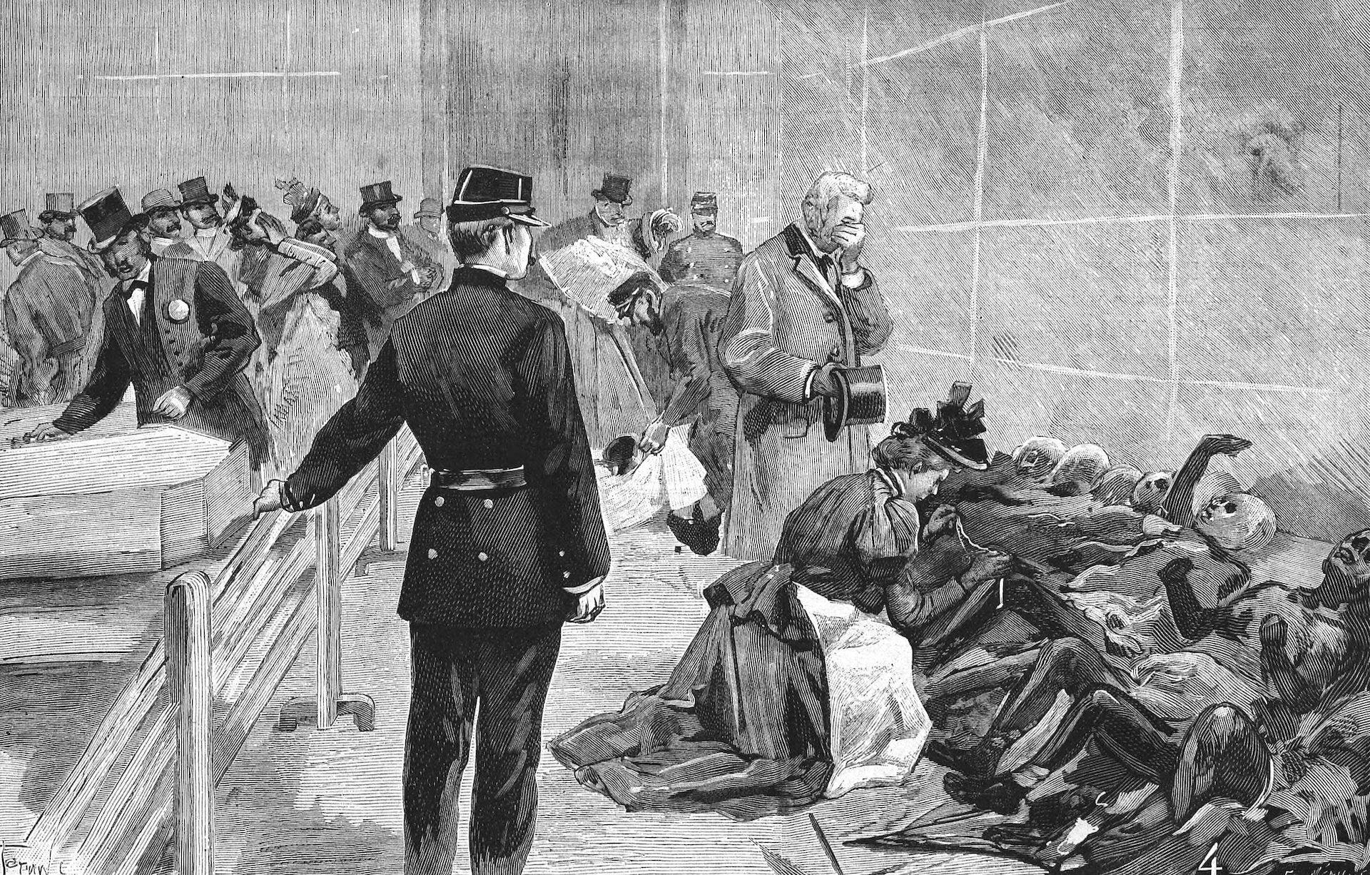 « Reconnaissance des cadavres au Palais de l'Industrie », Le Petit Journal. Supplément du dimanche, 16 mai 1897 - source : Gallica-BnF