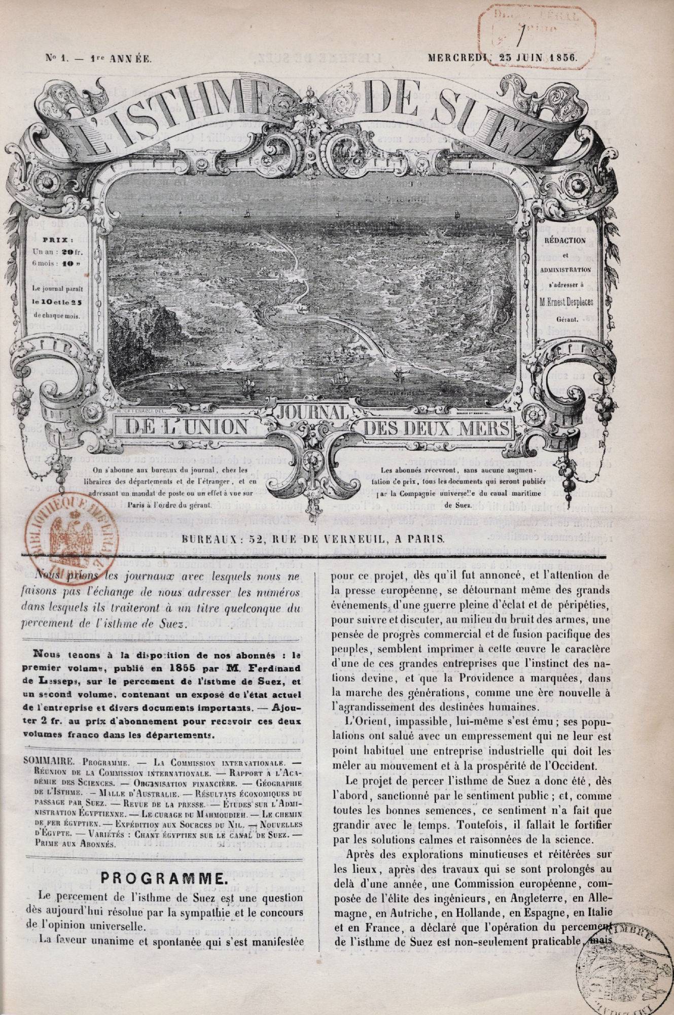 L'Isthme de Suez. Journal de l'union des deux mers, 1856 - source : Gallica-BnF