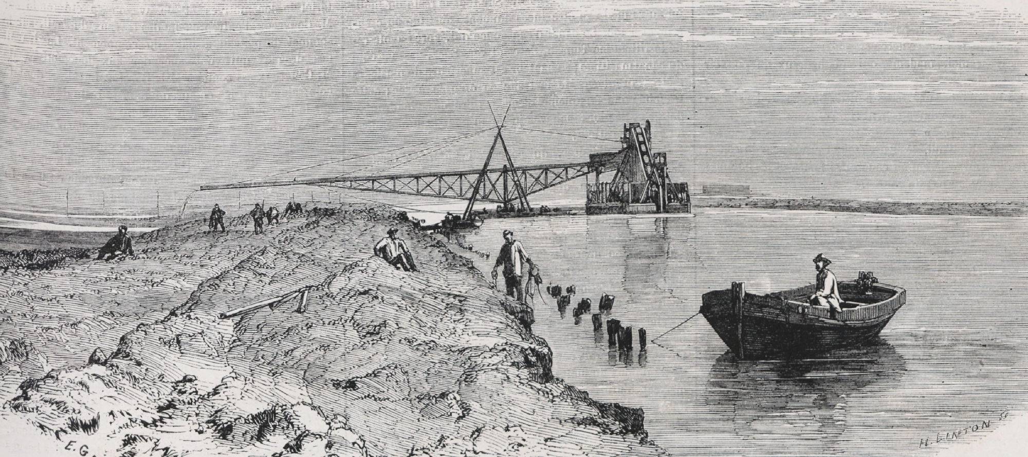 « Une vue du canal maritime à la traversée du lac Menzaleh. – Drague à long couloir. », Le Monde illustré, 28 septembre 1867 - source Gallica-BnF