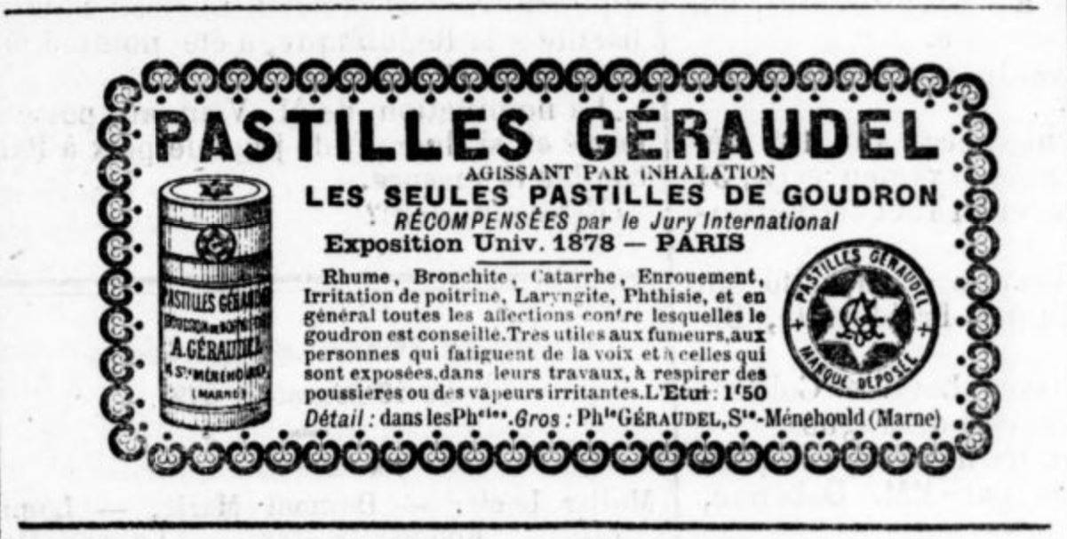 Réclame « Pastilles Géraudel », Courrier du Berry, 19 novembre 1879