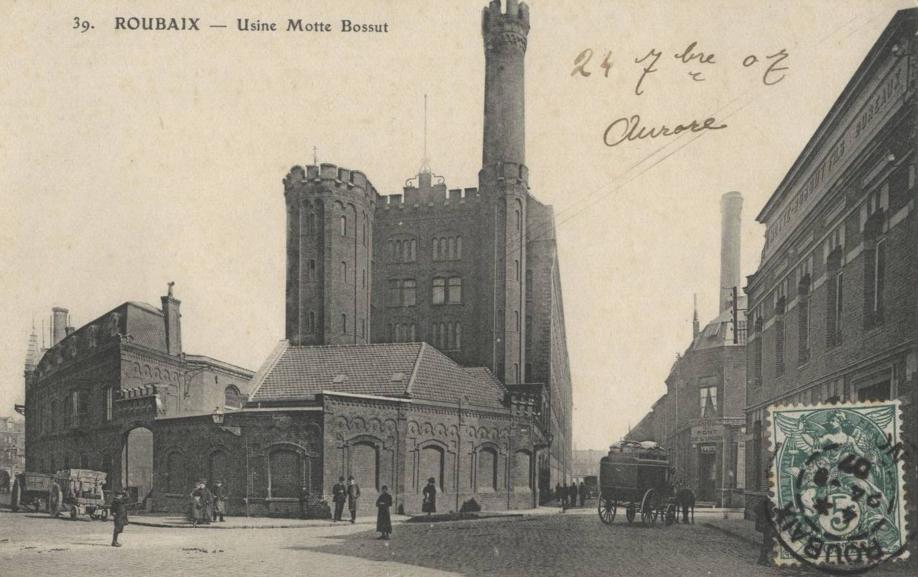 Usine Motte-Bossut à l'angle de la rue de la Tullerie, carte postale, 1907 – source : Bibliothèque numérique de Roubaix