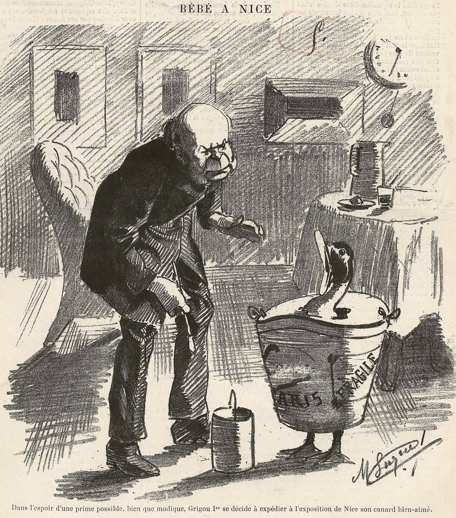 Jules Grévy et son canard Bébé, caricaturés par Manuel Luque, Le Monde Parisien, 1884