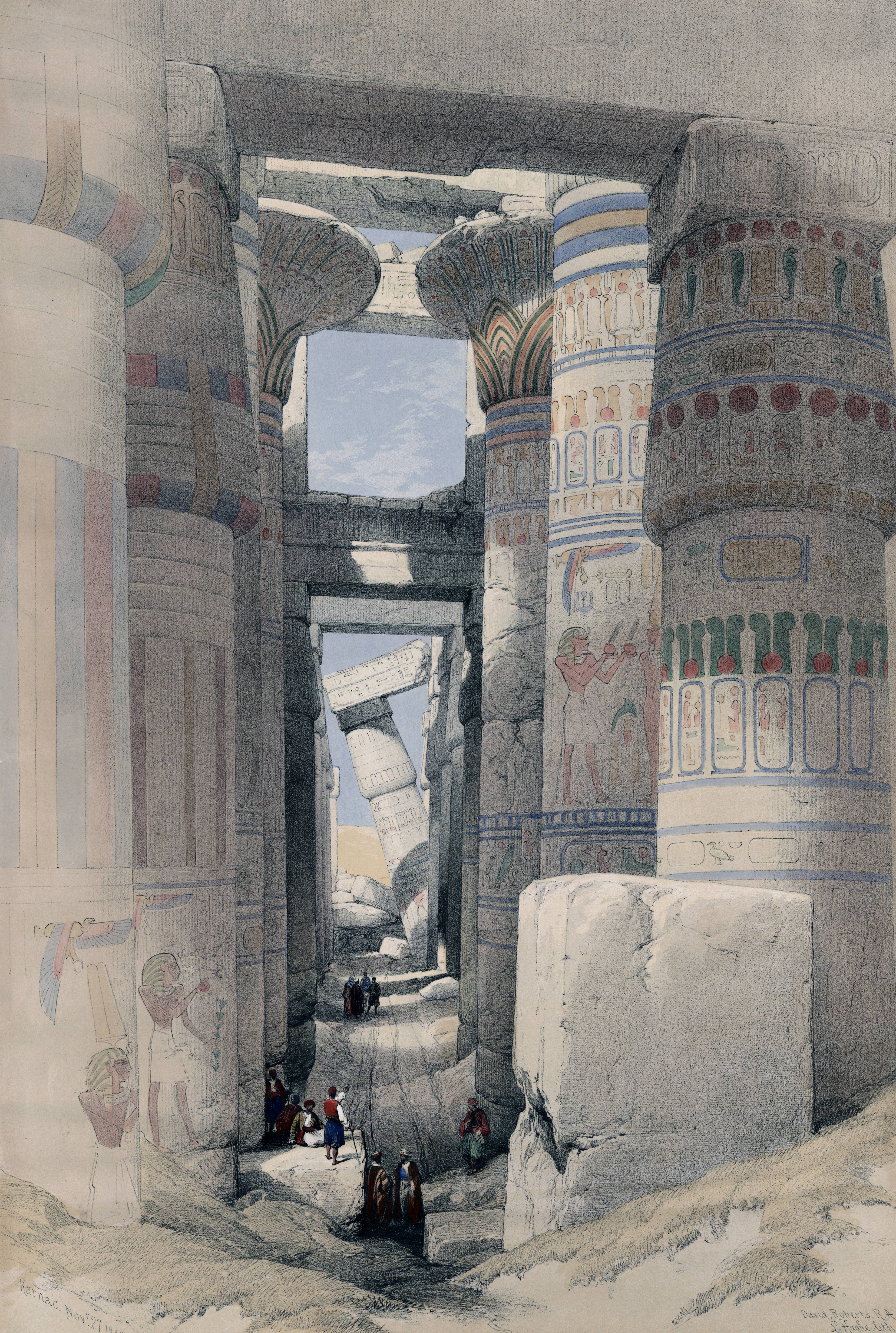 Le temple d'Amon à Karnak, lithographie de David Roberts, 1838 - source : WikiCommons