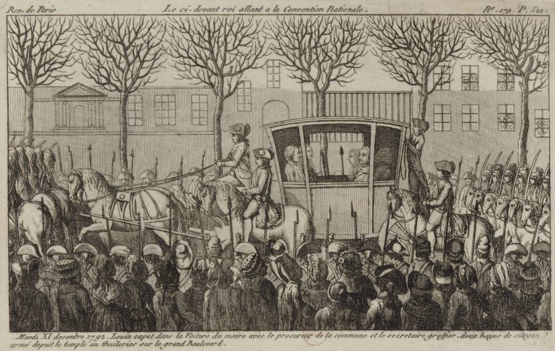 Le ci-devant roi allant à la Convention nationale : mardi XI décembre 1792, Louis Capet. estampe, 1792 - source : Gallica-BnF