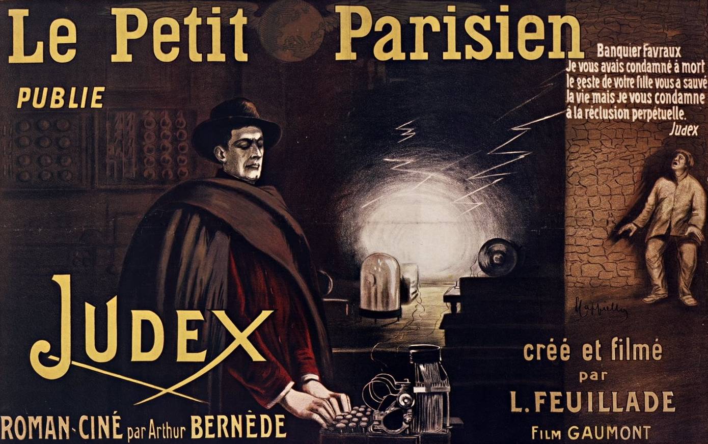 Affiche en faveur de Judex, film-feuilleton publié par Le Petit parisien, L. Cappiello, 1916 - source : Gallica-BnF