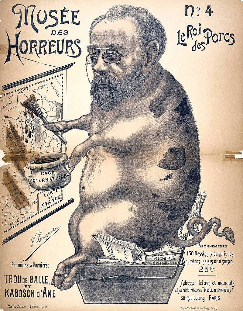 Un épisode du Musée des horreurs de Victor Lenepveu mettant en scène Zola en porc, novembre 1899