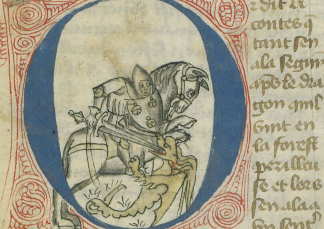 Initiale ornée représentant Ségurant face au dragon, Les Prophéties de Merlin, XVe siècle, folio 151 verso - source : Gallica-BnF