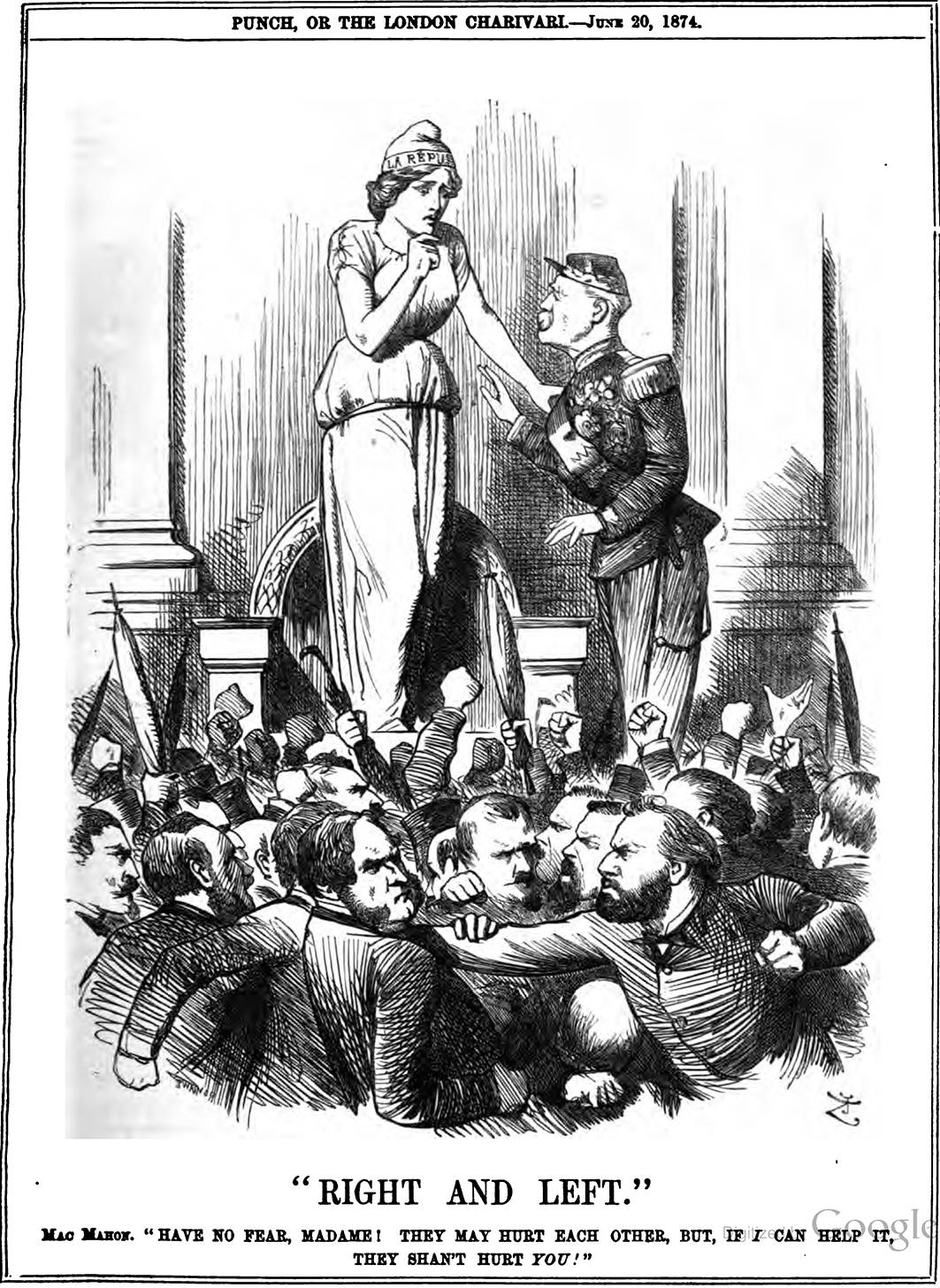 « N'ayez pas peur Madame ! Ils peuvent se blesser entre eux mais si on me laisse faire, ils ne pourront pas vous faire de mal ! » : le monarchiste Mac Mahon pose en protecteur de Marianne, Punch, 1874