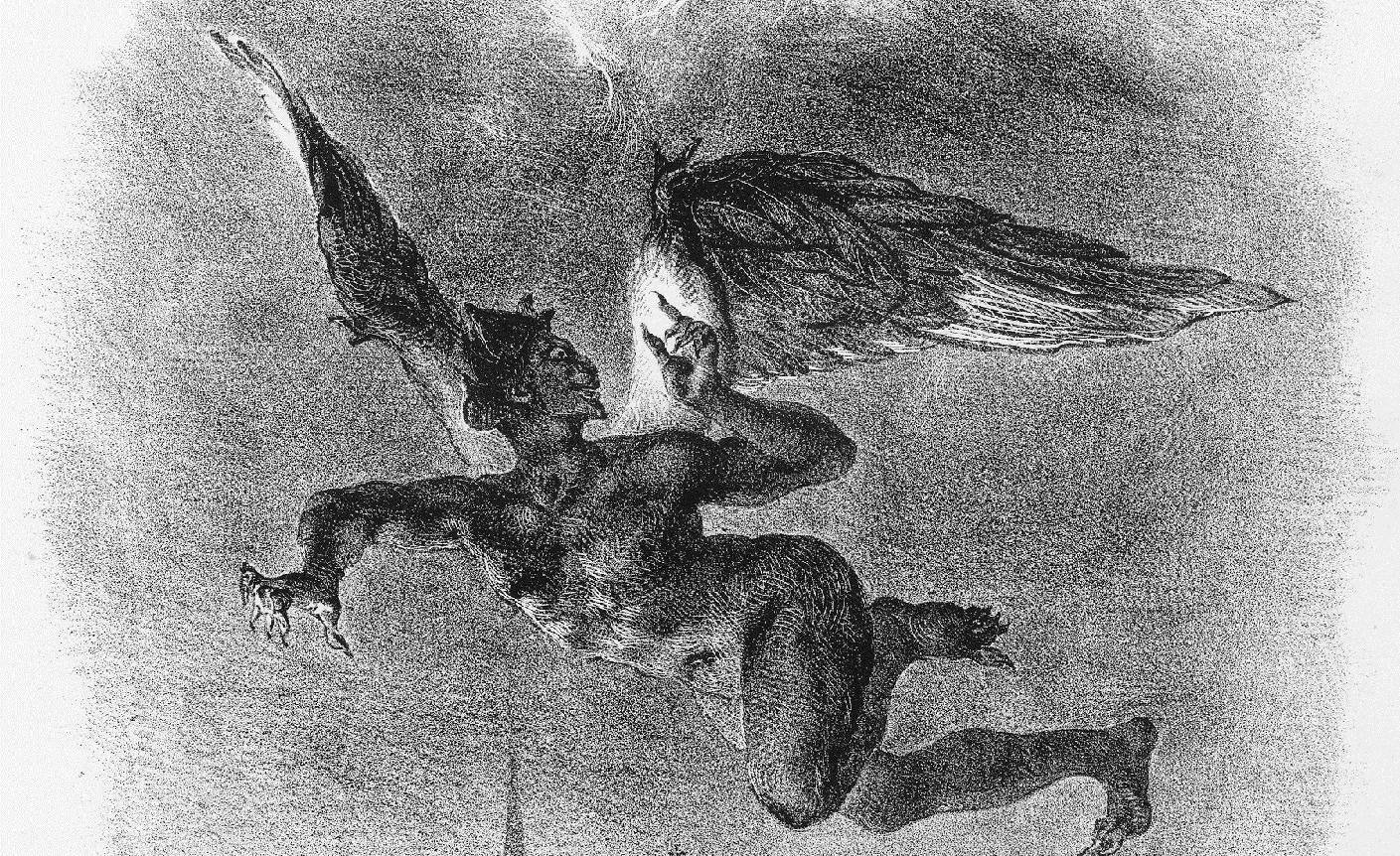 « Mephistophélés volant au-dessus de Wittenberg », lithographie d'Eugène Delacroix, 1828 - source : WikiCommons