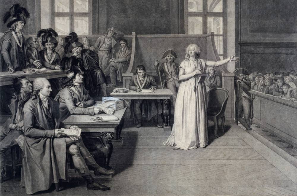 Le procès de Marie-Antoinette (Fouquier-Tinville est le 3e en bas en partant de la g.), dessin de Pierre Bouillon, 1793 - source : WikiCommons
