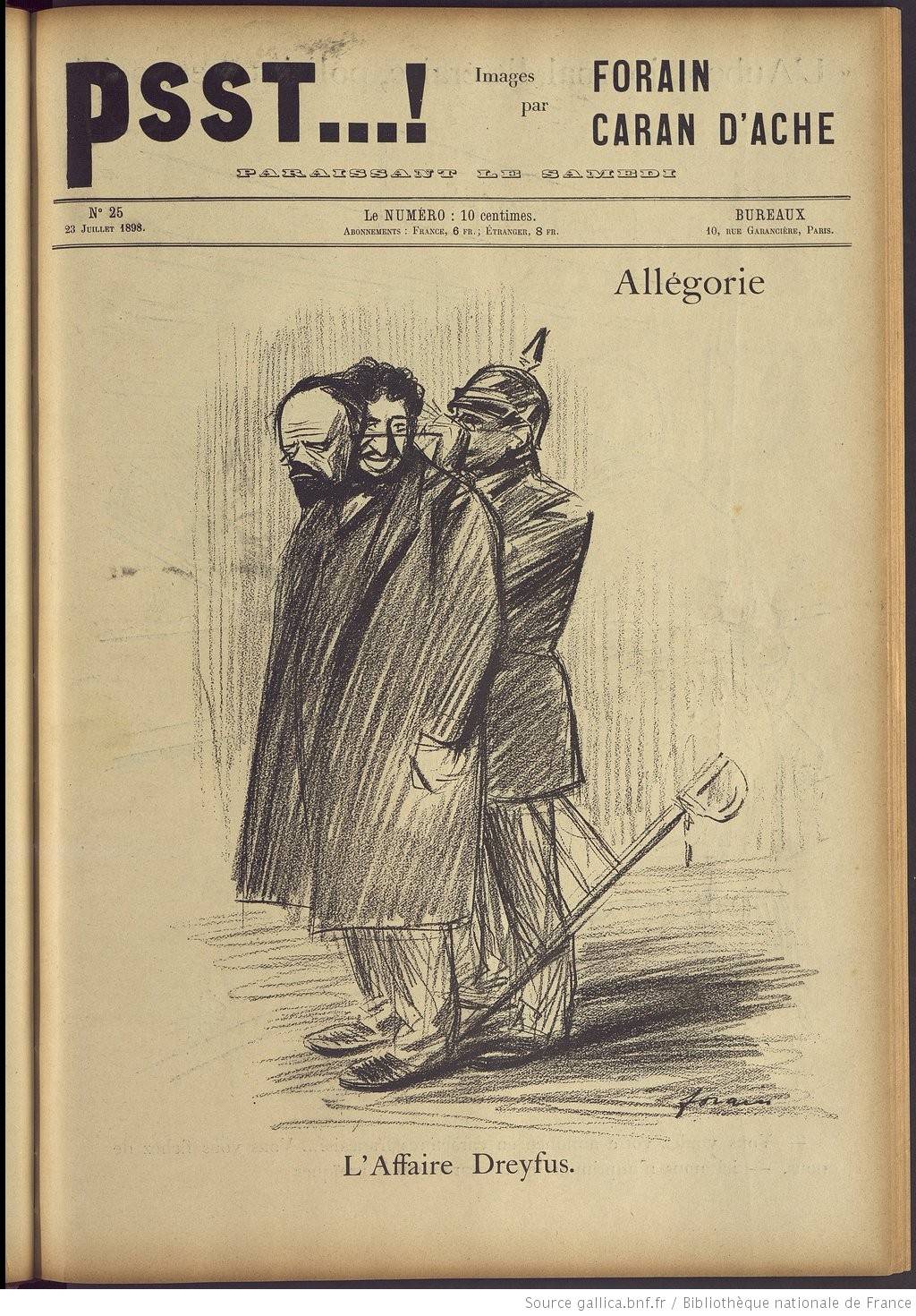 La figure de Dreyfus et des Juifs cache celle de l'Allemagne, dans une caricature antisémite publiée par Forain dans Psst…!, 1898 – source : Gallica-BnF