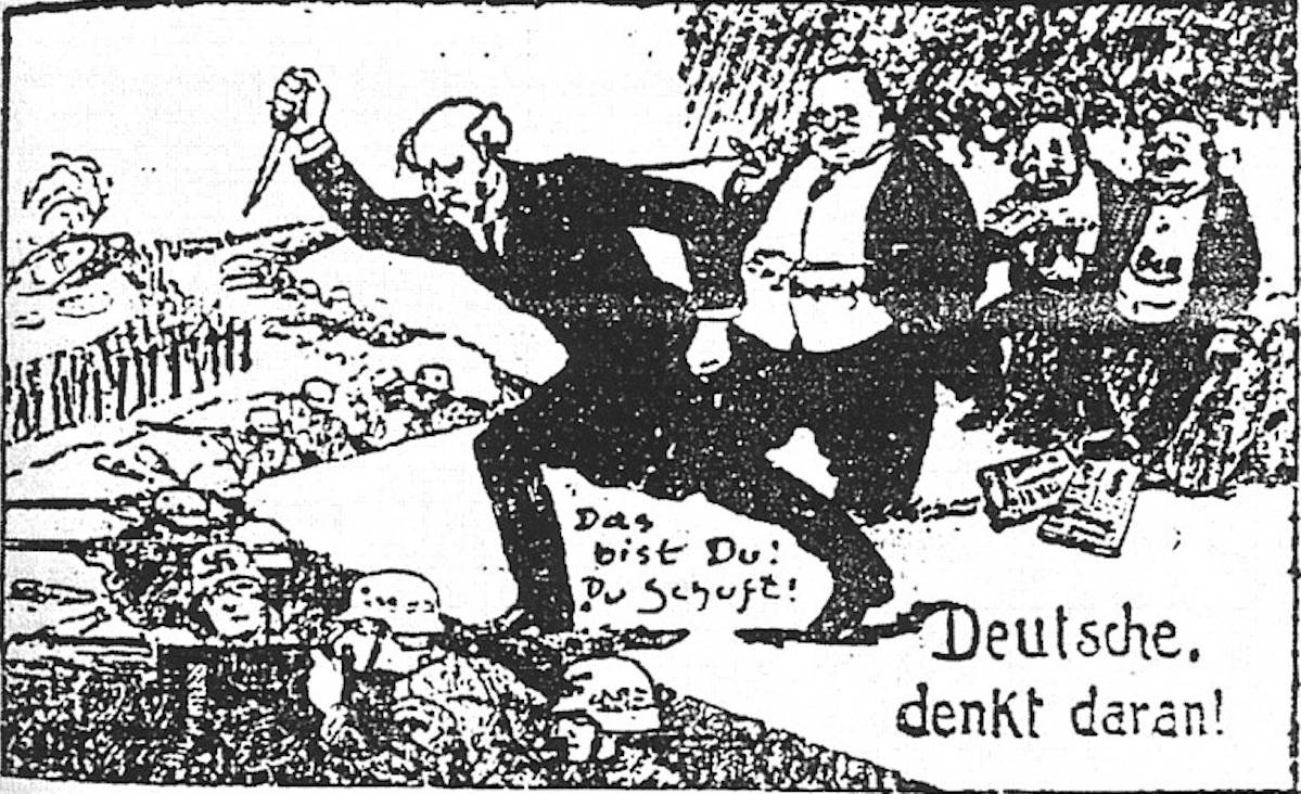 Caricature publiée pendant la « Campagne de haine » en Allemagne, montrant le second chancelier de la République de Weimar poignardant des soldats (arborant par ailleurs le logo nazi), 1925 - source : history.ucsb.edu-Domaine Public