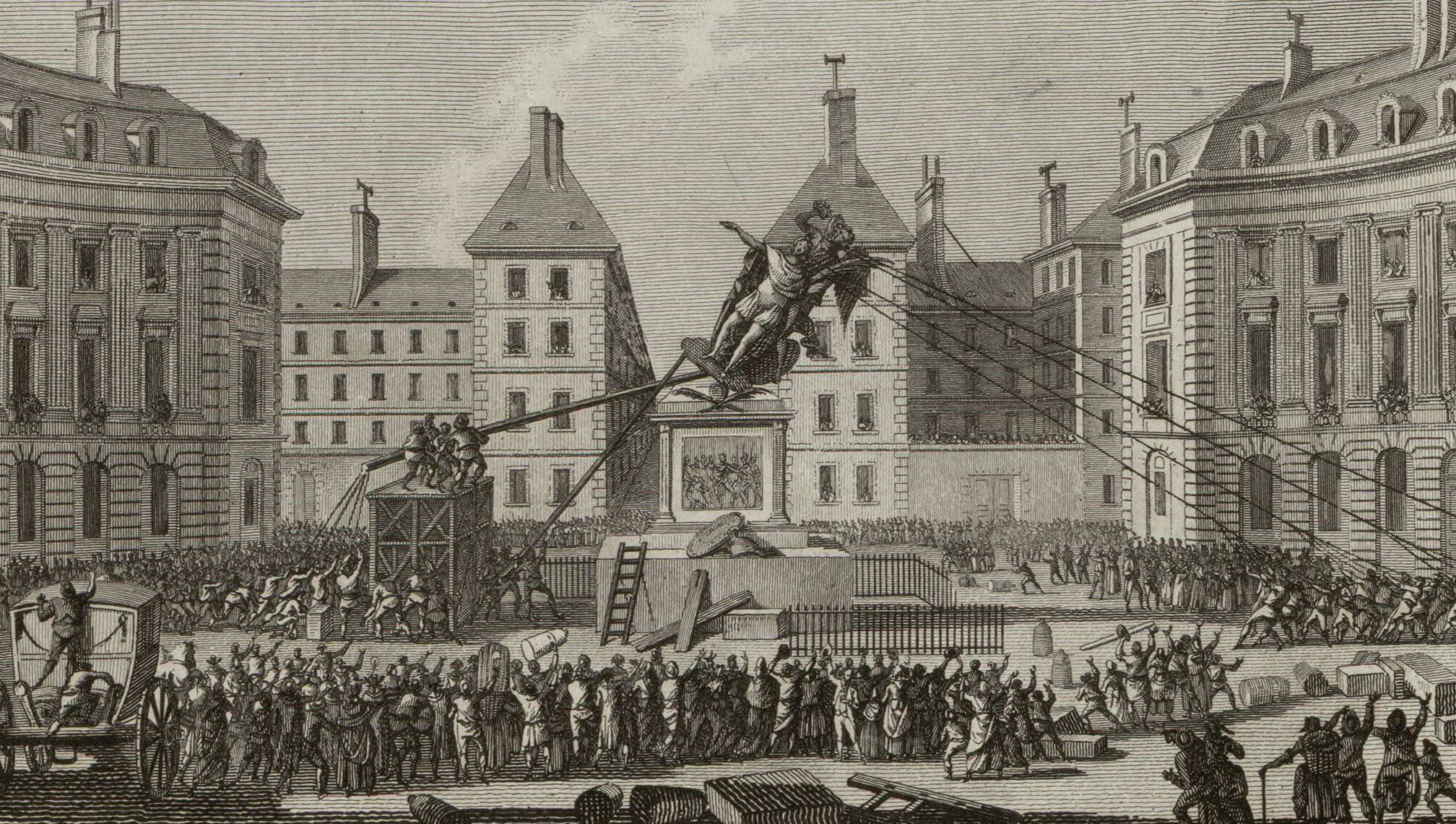 Statue de Louis XIV abattue place des Victoires les 11, 12, 13 aoust 1792, estampe de J.-L. Prieur, 1802 – source : Gallica-BnF