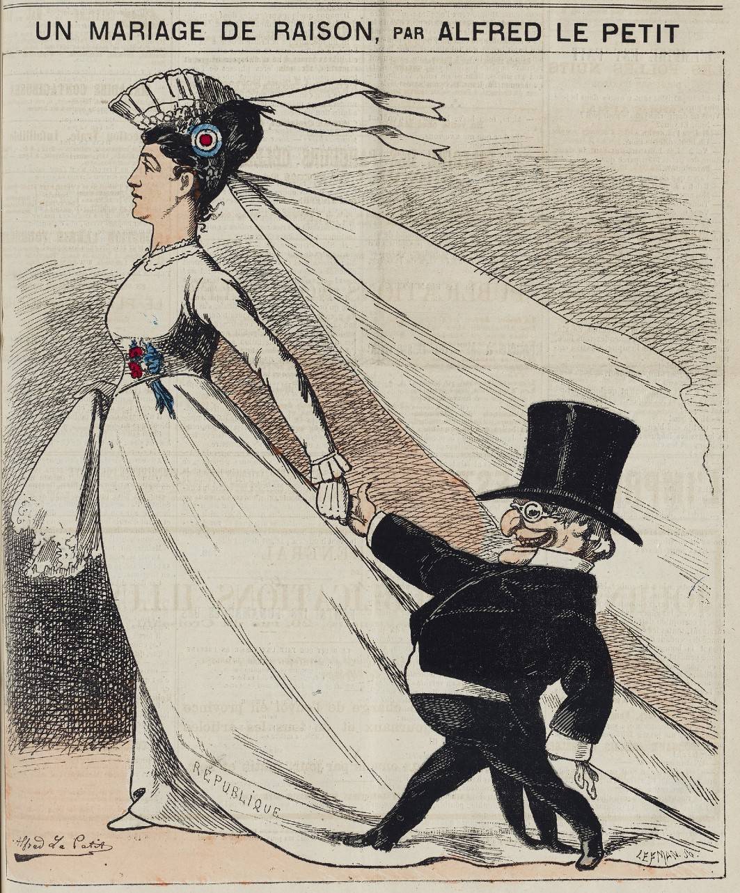 Thiers au bras de Marianne, représenté par le caricaturiste Alfred Le Petit, Le Grelot, 1873