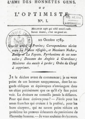 Couverture de L'Ami des honnêtes gens ou l'Optimiste, publié le 20 octobre 1789