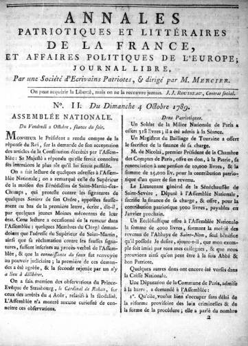 Couverture de Annales patriotiques et littéraires, publié le 03 octobre 1789