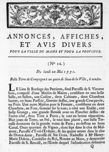 Couverture de Annonces pour la ville du Mans, publié le 11 février 1771