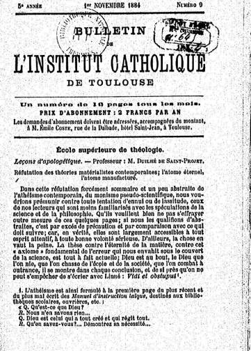Couverture de Bulletin de l’Institut cath. de Toulouse, publié le 01 novembre 1884