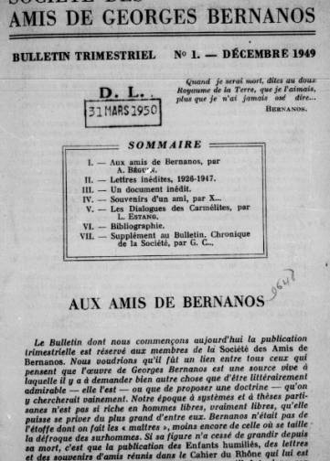 Couverture de Bulletin des amis de Georges Bernanos, publié le 01 décembre 1949