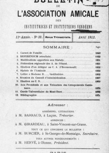 Couverture de Bulletin des instituteurs vendéens, publié le 01 janvier 1912