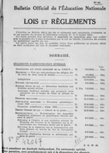Couverture de Bulletin officiel de l'éducation nationale, publié le 01 octobre 1945