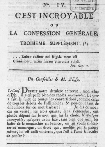 Couverture de C'est incroyable ou la Confession, publié le 01 janvier 1789