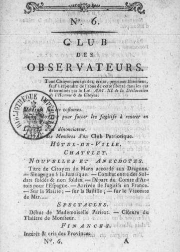 Couverture de Club des observateurs, publié le 01 janvier 1789
