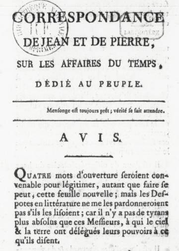 Couverture de Correspondance de Jean et de Pierre, publié le 01 janvier 1789