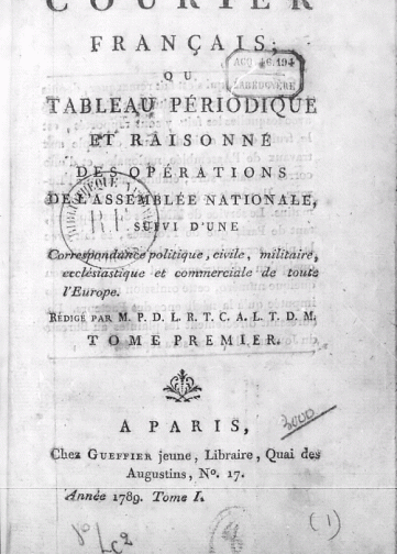 Couverture de Courrier Français ou Tableau Périodique, publié le 15 juin 1789
