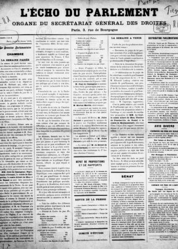 Couverture de Echo du Parlement, publié le 25 février 1892